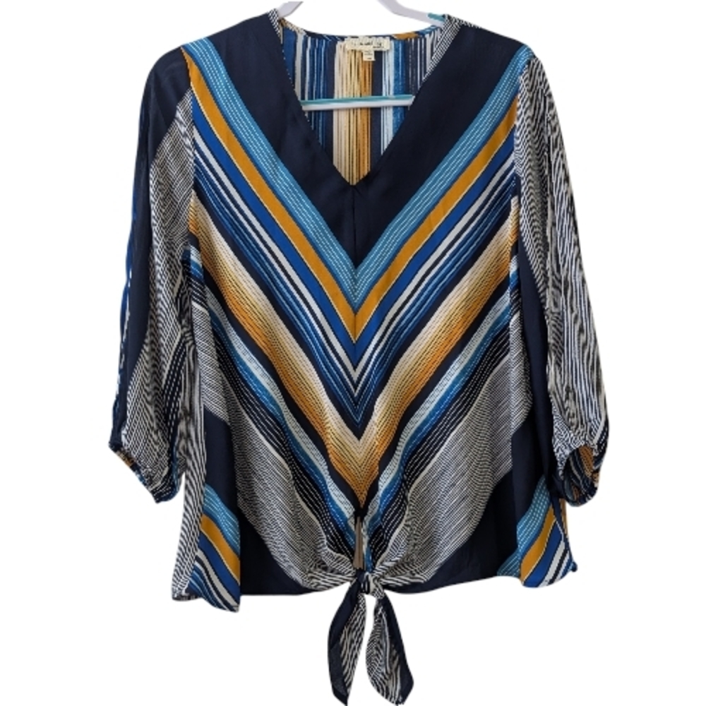 FAITH AND JOY BY MONTEAU WOMEN'S  STRIPED V-NECK BLOUSE SIZE L